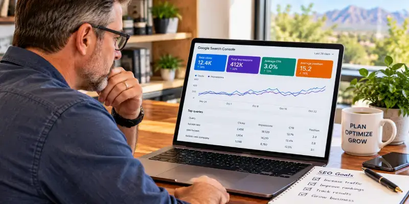 Business owner reviewing search performance charts on a laptop at a desk