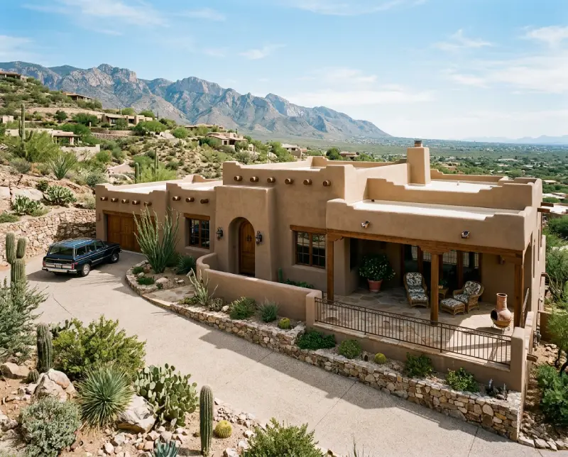Territorial-style hillside home from the 1980s in the Catalina Foothills