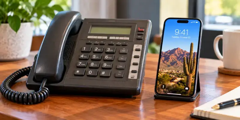 Old desk telephone next to a modern smartphone on a wooden desk