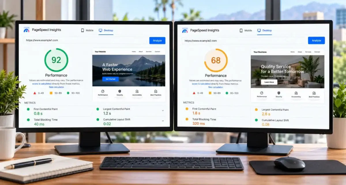 Two monitors side by side on a desk for comparing two performance reports