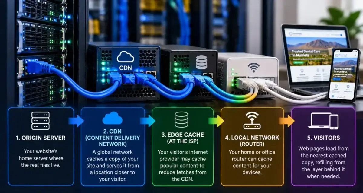 Network cables plugged into a switch, representing the layers between a website and its visitors