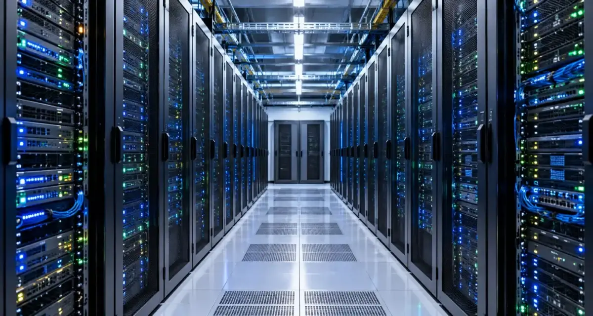 Rows of web servers in a data center aisle