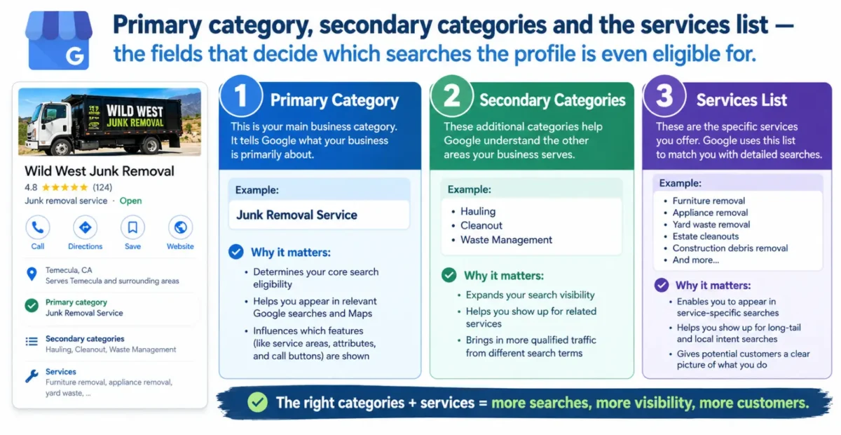 Google Business Profile categories and services list open in the profile editor