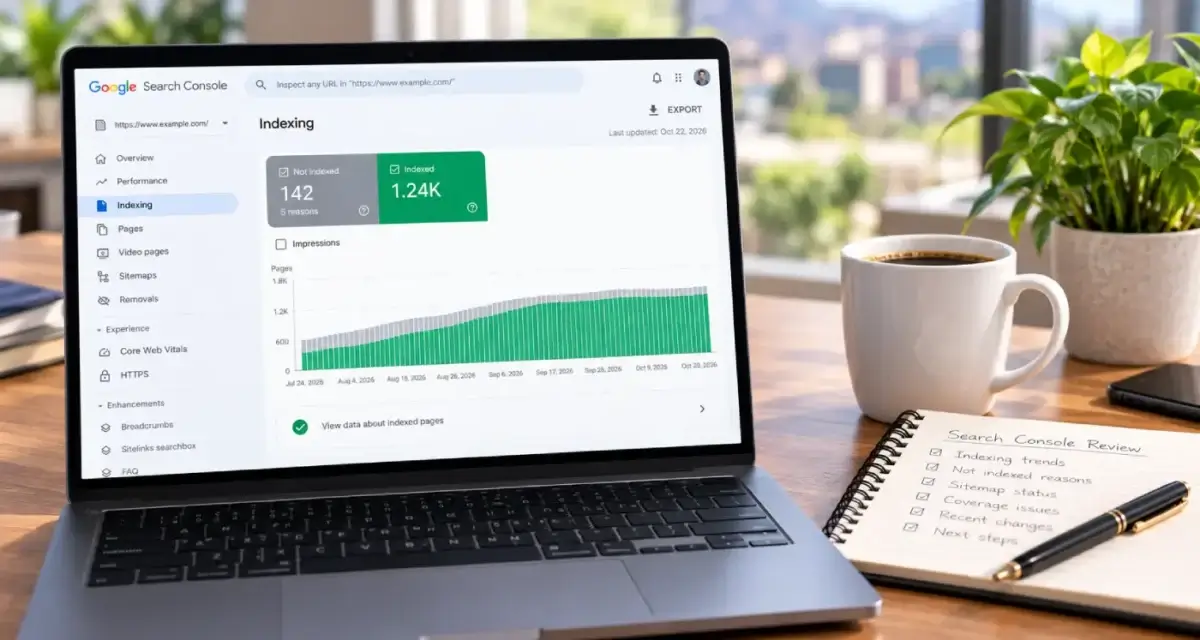 Laptop on a desk beside a notebook and coffee, set up to review Search Console indexing reports