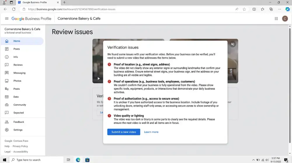 The Review issues screen in Google Business Profile listing the reasons a verification video was not accepted