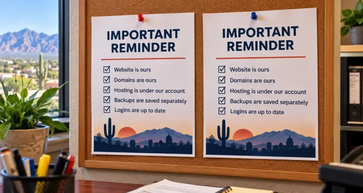 Two near-identical paper signs pinned side by side on a bulletin board in a small Tucson business office