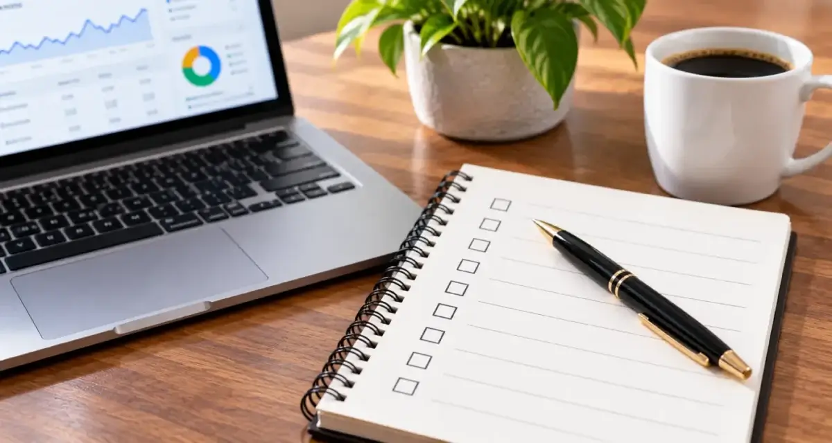 Pen resting on a blank checklist notepad beside a laptop