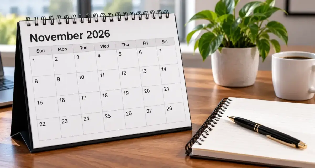 Desk calendar showing a four-week month beside a notebook and pen