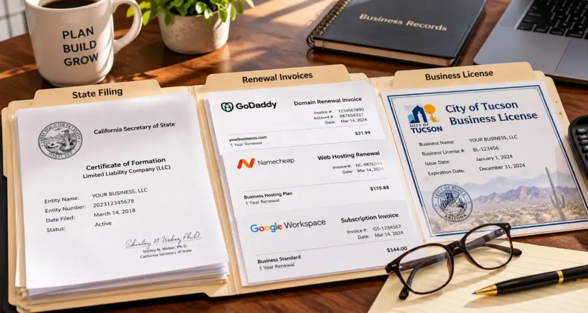 Folder of business documents and invoices on a desk next to a pair of reading glasses