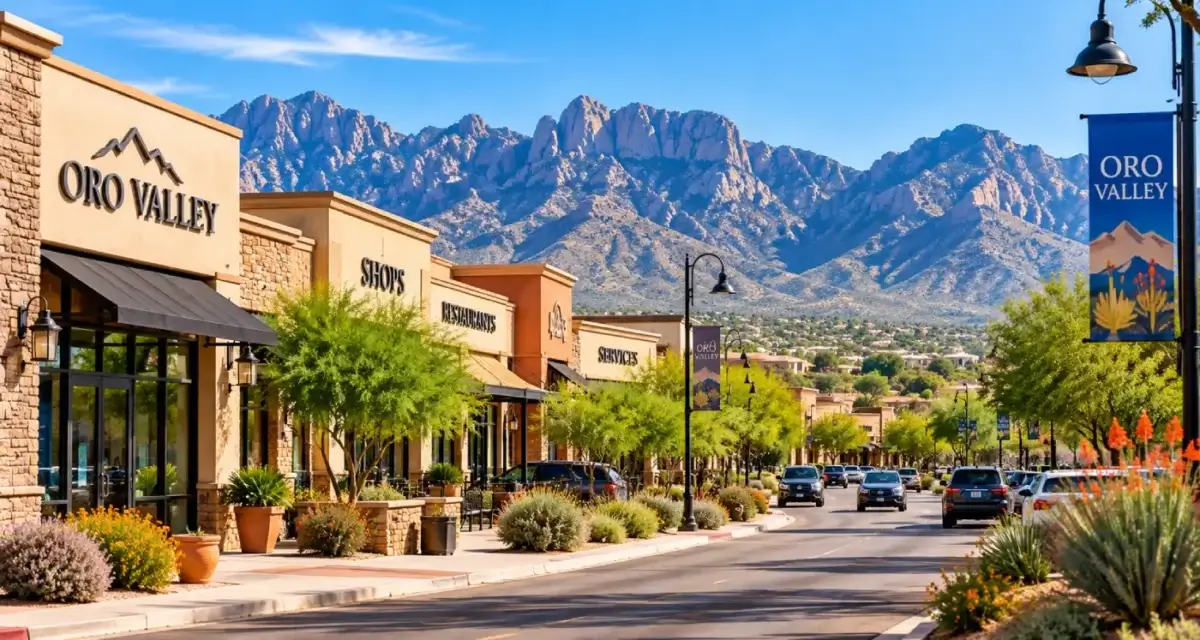 Street view of a small business district in Oro Valley with the Santa Catalina Mountains behind it