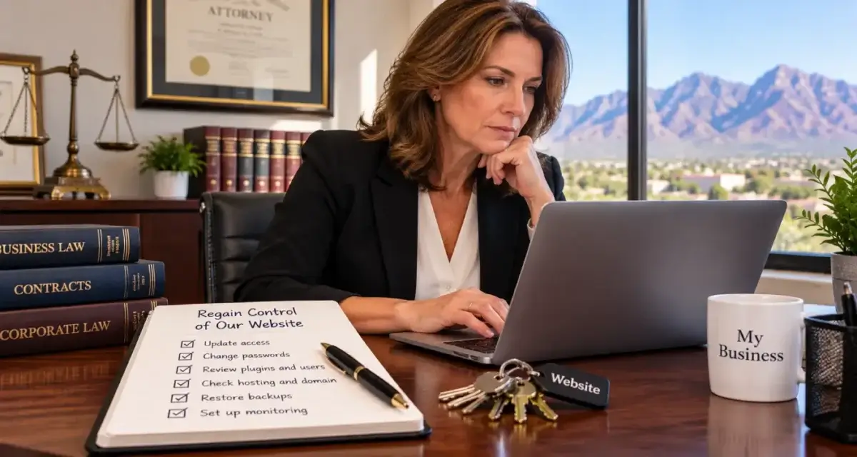 Small business owner at a desk with a laptop and a ring of keys, working to regain control of the company website