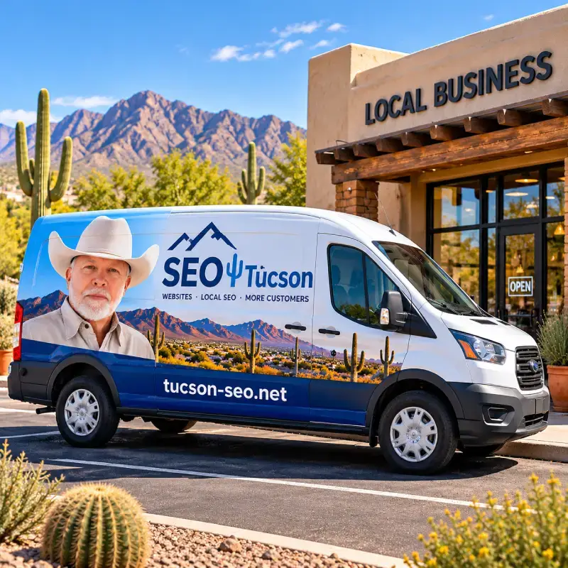 Service van parked outside a small business in Tucson, the kind of vehicle that carries a printed web address