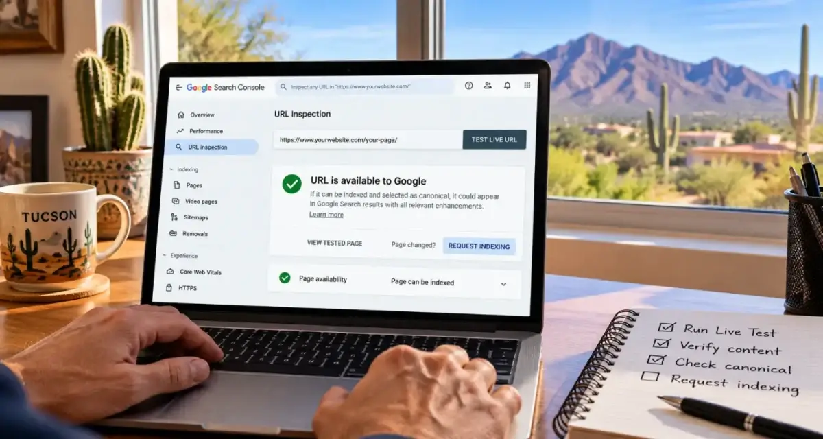 Laptop on a desk in a Tucson home office with a window view of desert mountains