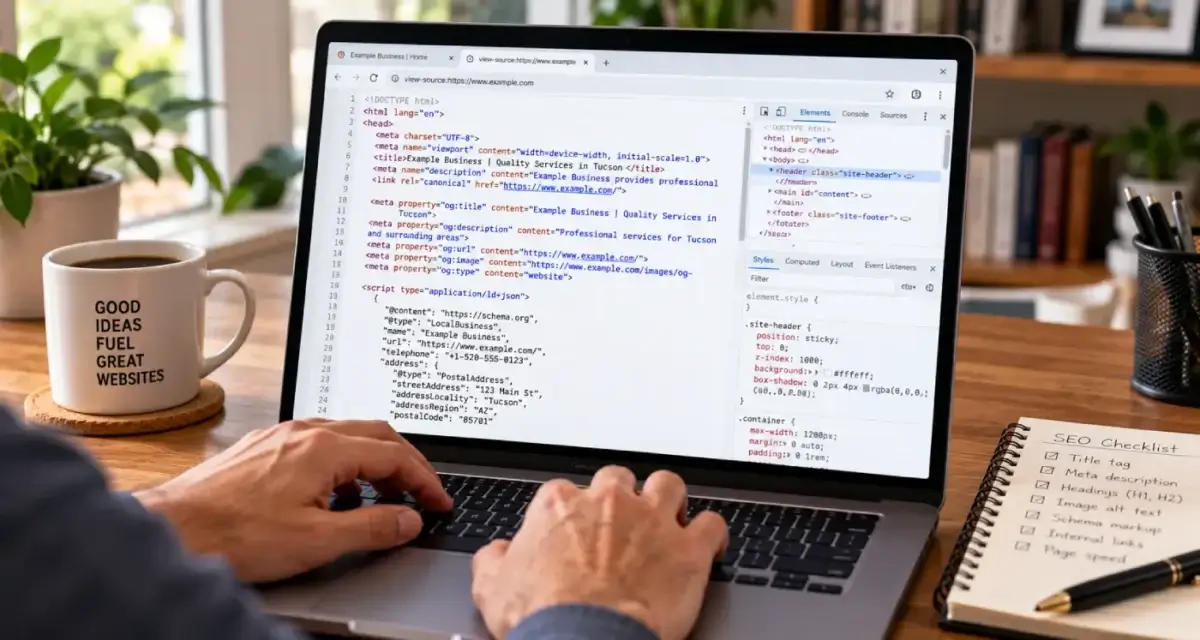 Hands on a laptop keyboard in a home office while checking a web page’s source code