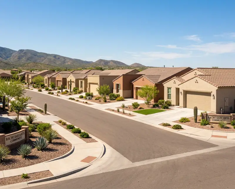 Rancho Sahuarita street with stucco homes and desert landscaping built to HOA design standards