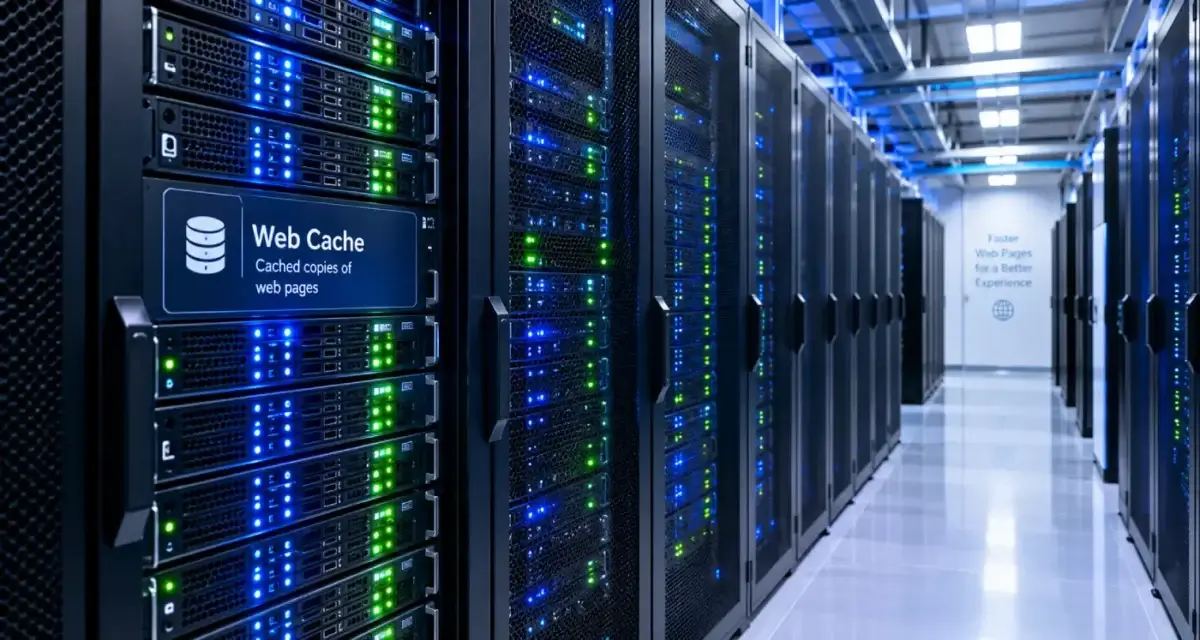 Server racks with status lights in a data center, where cached copies of web pages are stored