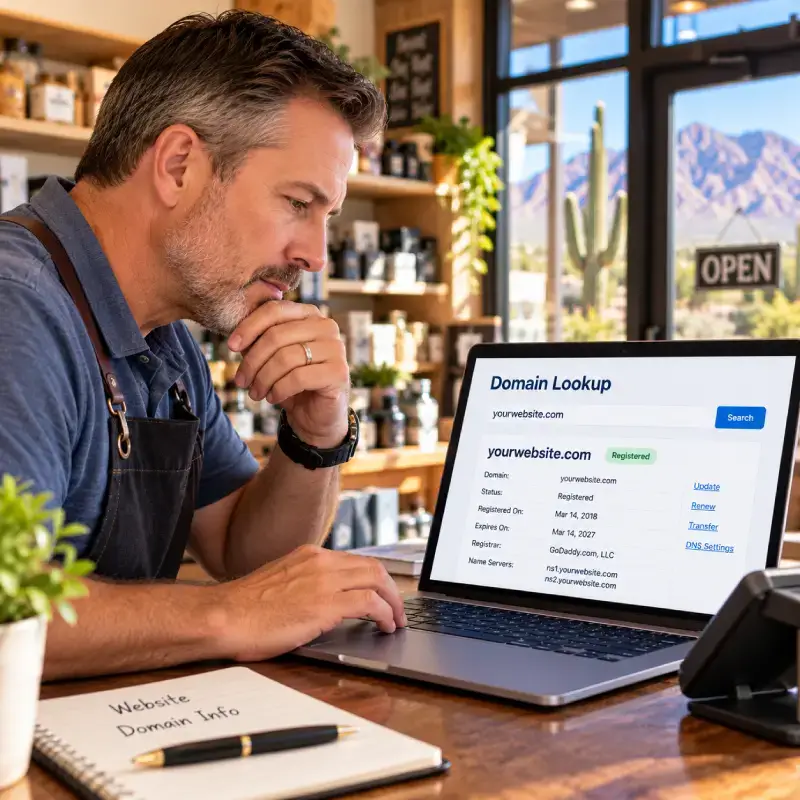 Business owner looking up domain registration details on a laptop at a shop counter