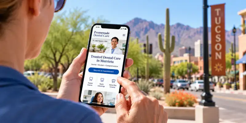 Person browsing a local business website on a smartphone outdoors in Tucson