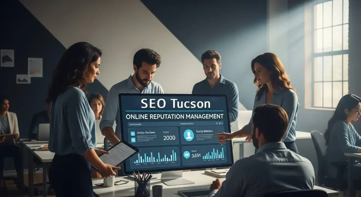 Tucson business owner reviewing and responding to customer reviews on a laptop