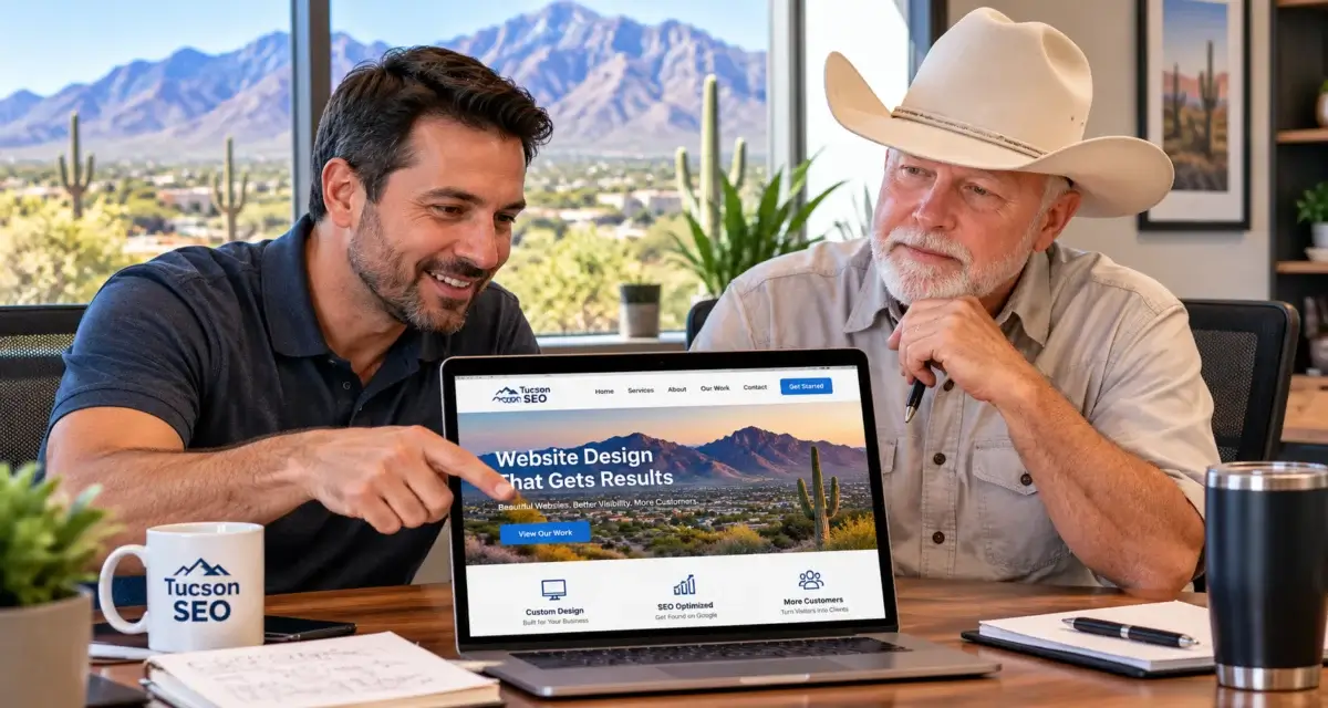 Small business owner and web designer reviewing a new website layout on a laptop in a Tucson office