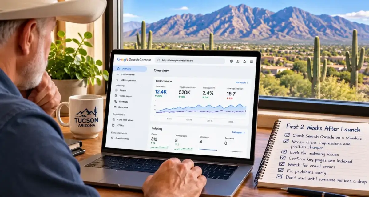 Business owner reviewing website reports on a laptop near a window with a view of the Santa Catalina Mountains