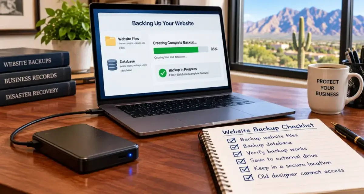 External backup drive connected to a laptop on an office desk