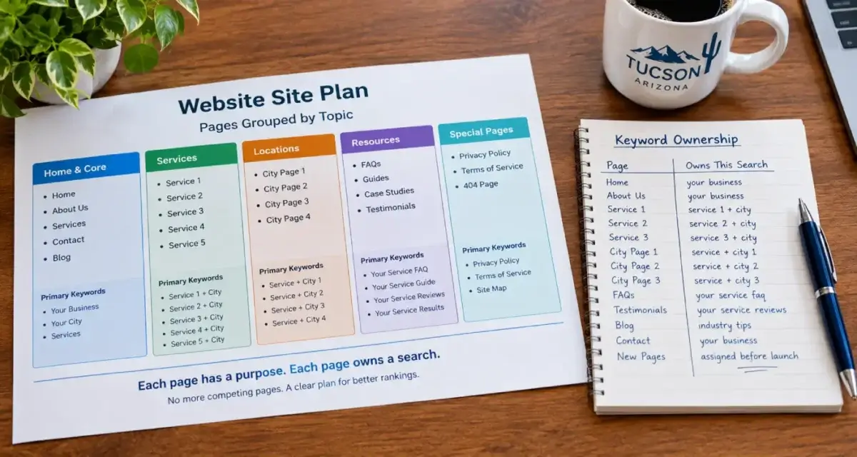 Printed site plan with pages grouped into columns on a desk beside a pen and coffee mug