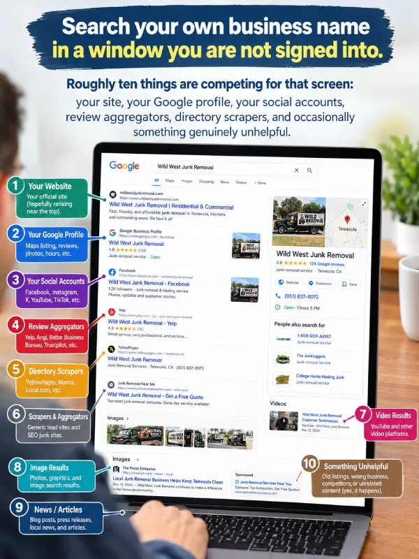 Annotated brand-name search result page showing knowledge panel, owned pages, and third-party listings
