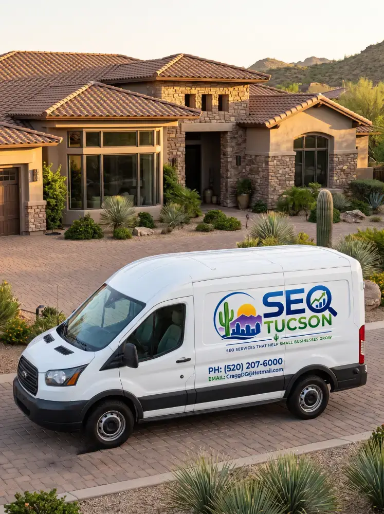 A branded service van parked at a Tucson home address with the business name and phone number visible on the door