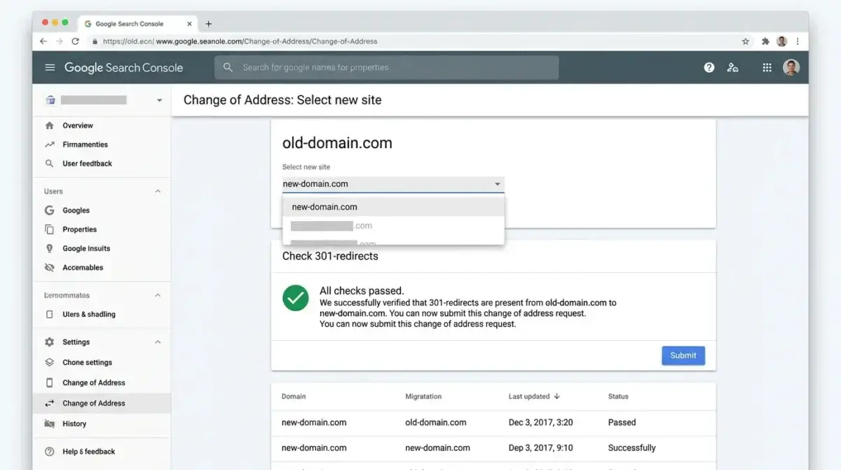 The Change of Address tool in Google Search Console with the old domain selected and the redirect check passing