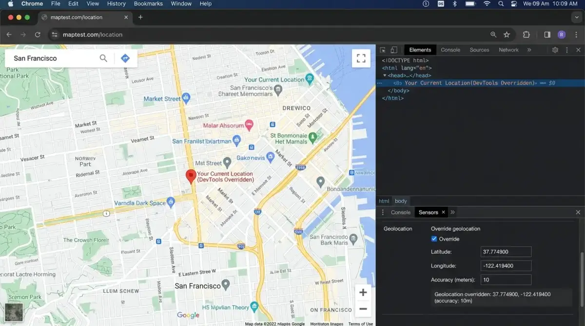 Chrome developer tools Sensors panel with geolocation set to a custom latitude and longitude