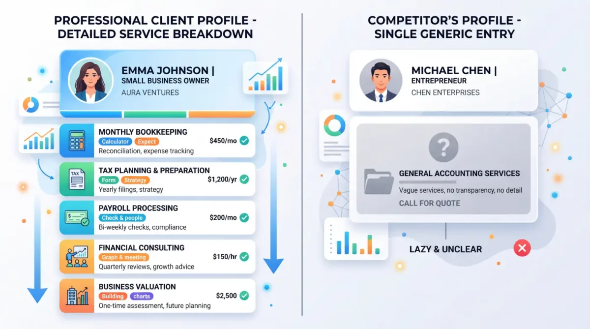 client profile showing services broken out by services