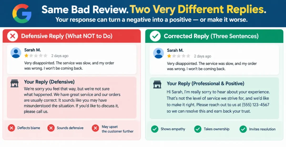 Side-by-side comparison of a defensive review reply and a corrected three-sentence reply