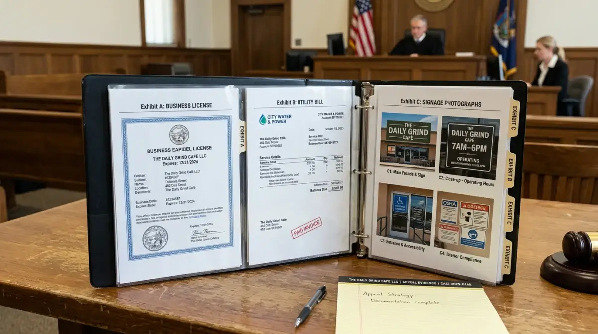 a prepared evidence folder showing a business license, a utility bill and signage photographs laid out before an appeal