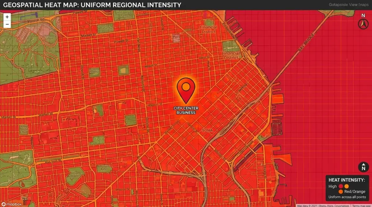 Geo grid heat map that is uniformly red and orange across every point including the business pin at the center