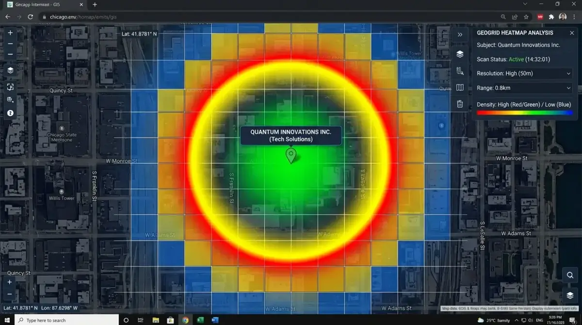 Geo grid heat map showing a green center at the business pin fading through yellow to red toward the edges of the grid