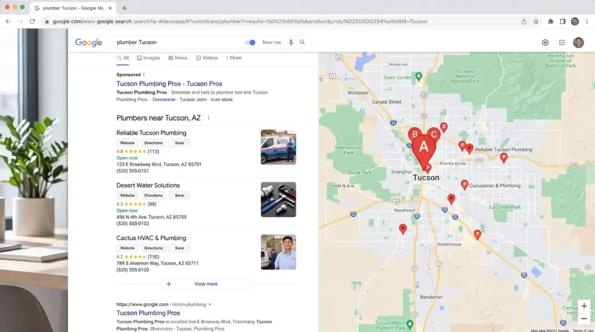 A Tucson street map with a business pin at the center and a grid of ranking check points spread across the metro