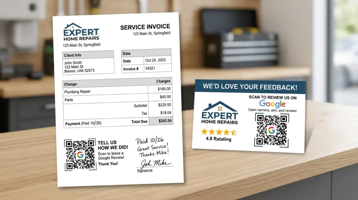 A Google review QR code printed on a service invoice and on a leave-behind card handed to the customer