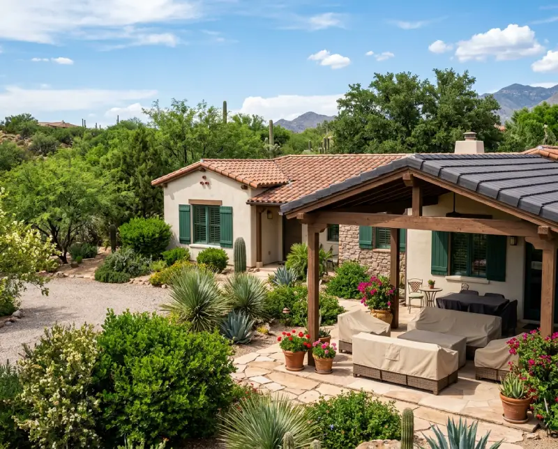 Green Valley home with closed shutters and covered patio furniture during the summer months