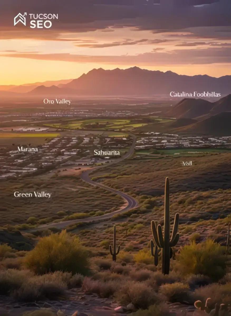 Tucson SEO service area map covering Tucson, Oro Valley, Marana, Green Valley, Sahuarita, Vail and Catalina Foothills