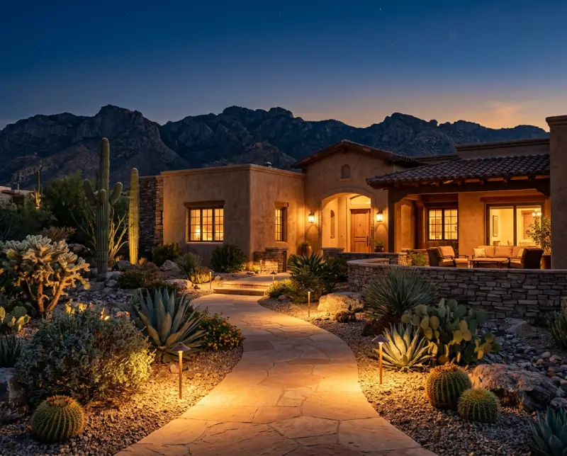Warm, shielded landscape lighting at a Catalina Foothills home at dusk