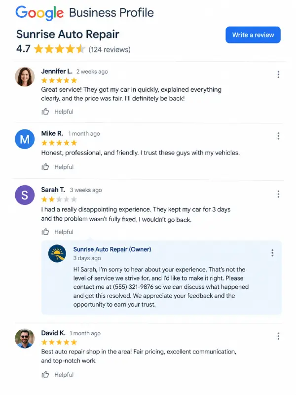 Owner reply typed into the Google Business Profile reviews screen
