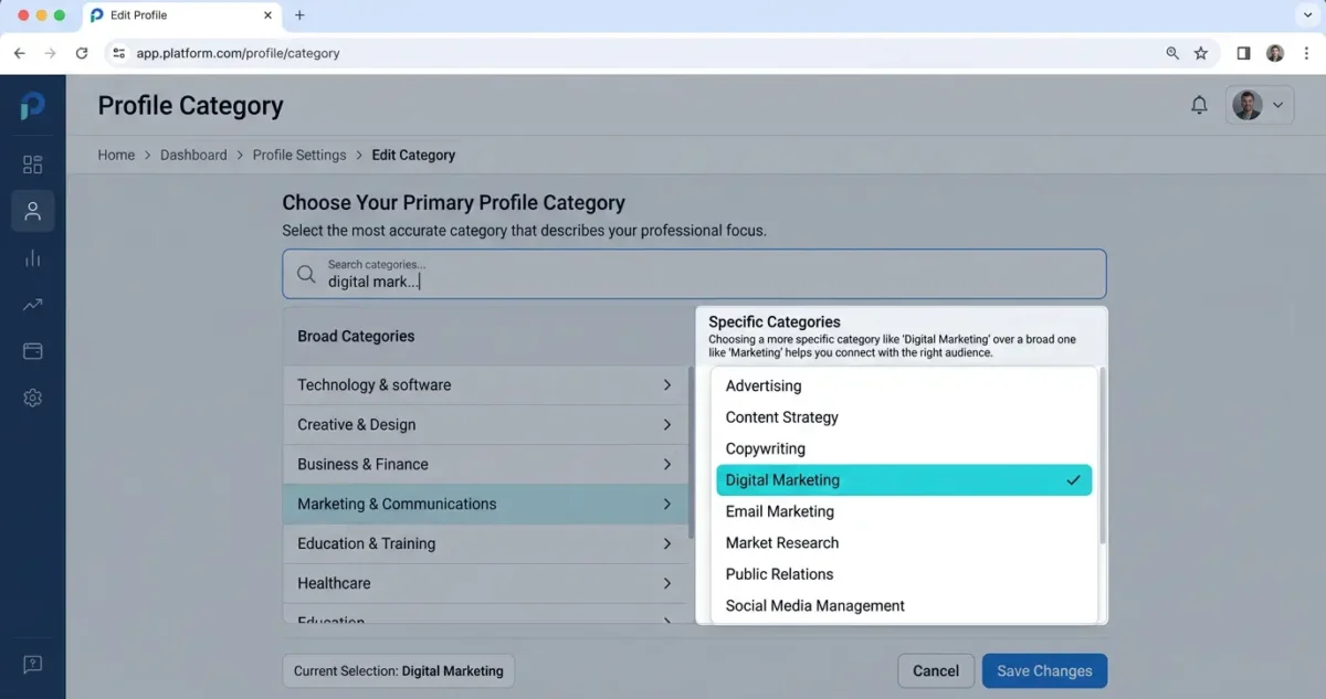primary category selector in the Google profile dashboard