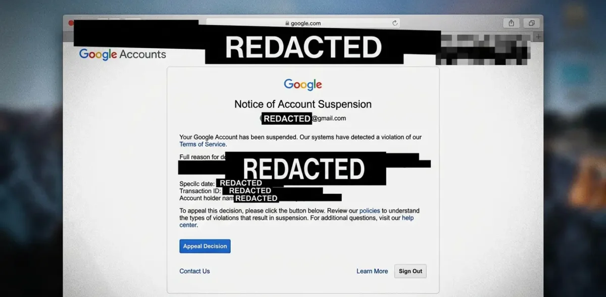 screenshot of a google suspension notice