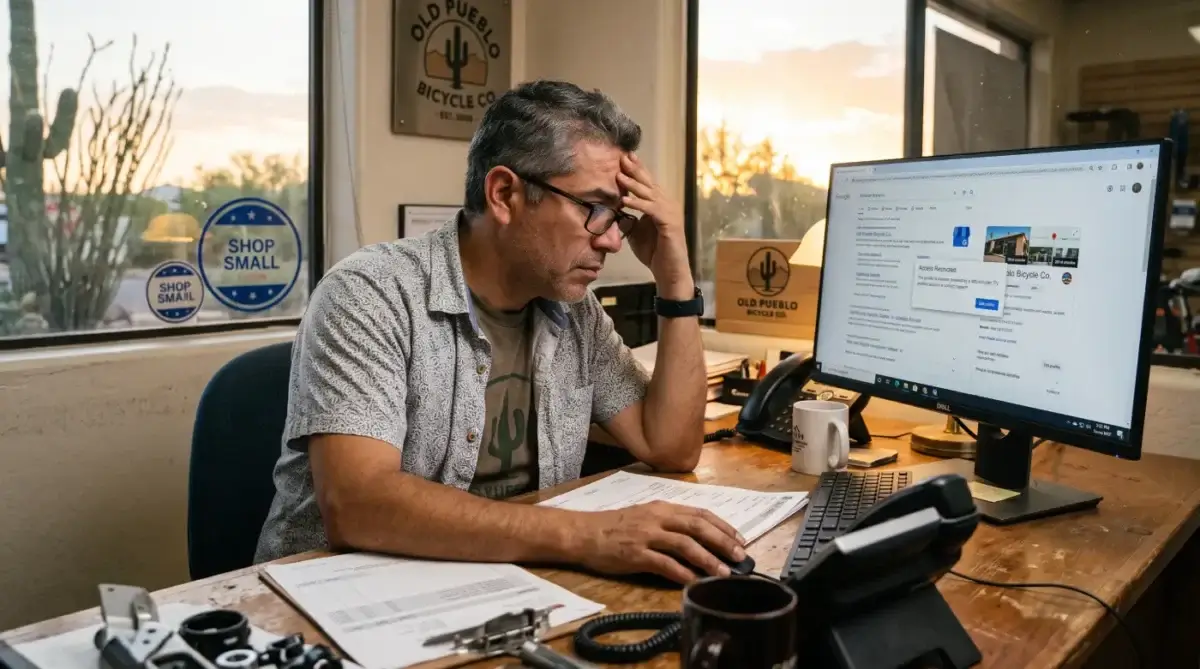 A Tucson small business owner at a desk looking at a Google Business Profile listing he cannot edit
