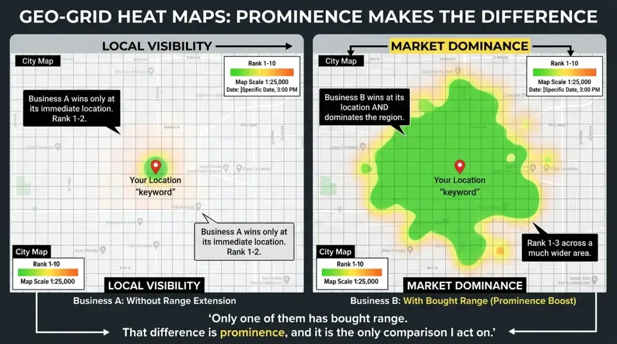 Two geo grid heat maps side by side on the same coordinates, one with a small green center and one with green reaching much further out