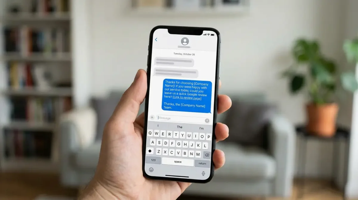 A two-line Google review request text message on a phone, sent the same day as the job