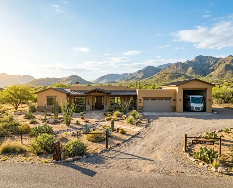 Single-story home on an acre lot in Vail, Arizona, with an RV garage and desert landscaping